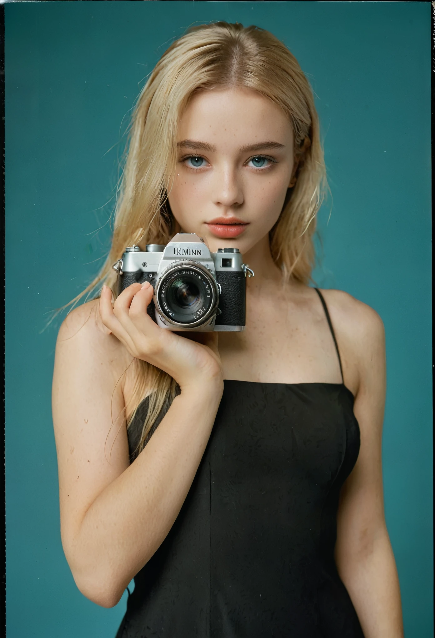 photoshoot, photo studio, RAW photo, editorial photograph, film stock photograph, cinematic, posing, amateur photo, upper body portrait, whole front head photo, analog, raw, f2, 35mm, an (amateur photo), flash photography, taken on an old camera, polaroid, 8k, highly detailed, (high quality, best quality:1.3), Extremely high-resolution, film grain, very long hair, picture of a beautiful young woman, NOT dasha_taran, sfw, ((natural blonde hair)), long (waist-length:1.2) straight blonde hair, ((macro lens)), natural, ((focused on eyes)), blue eyes, black dress, solid pupils, realistic eyes in maximum detail, feminine expressions, photography, dslr, 35mm, Fujifilm Superia Premium 400, Nikon D850 film stock photograph, Kodak Portra 400 f1.6 lens, 8k, UHD, realistic skin, well cared skin, skin pores, closed mouth, fine small lips, facial symmetry, perfectly detailed face,