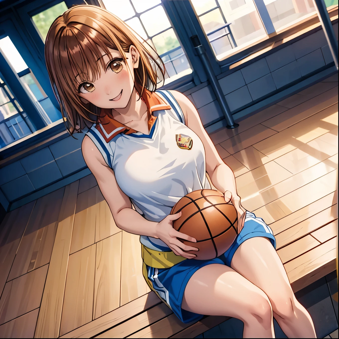 masterpiece, Best Quality, High resolution,16k,official art,super detailed skin,detailed,Kano Chinatsu,(C cup beautiful breasts)、(tall:1.2),height: 170cm,Brown eyes, Brown Hair,Sexy long legs,Fashion model body type,gal,bangs, basketball uniform,sporty short pants,Staring at the audience, short hair, Sitting, smile,Muscular、1girl,big laugh,smile、Shy、Shyness,Cool look,blush,A composition that shows the upper body,cinematic lighting,Superfine,magnificent view、basketball court,dynamic angle,extreme closeup,sporty pose