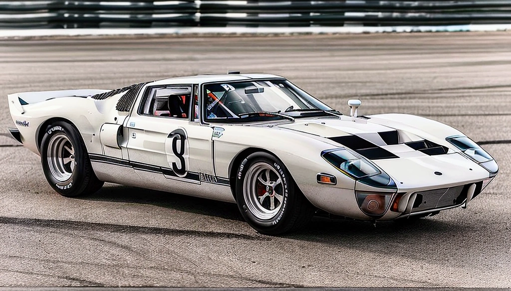 Picture in 3D. Ford gt40 car in white and black. It is located on the asphalt of the race track.