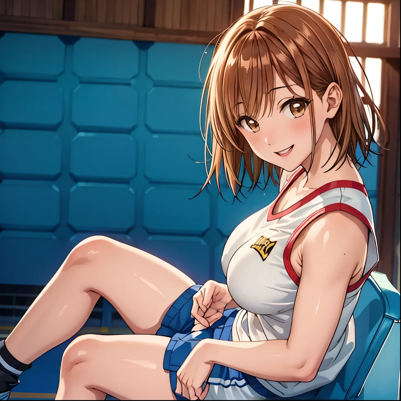 masterpiece, Best Quality, High resolution,16k,official art,super detailed skin,detailed,Kano Chinatsu,(C cup beautiful breasts)、(tall:1.2),height: 170cm,Brown eyes, Brown Hair,Sexy long legs,Fashion model body type,gal,bangs, basketball uniform,sporty short pants,Staring at the audience, short hair, Sitting, smile,Muscular、1girl,big laugh,smile、Shy、Shyness,Cool look,blush,A composition that shows the upper body,cinematic lighting,Superfine,magnificent view、basketball court,dynamic angle,extreme closeup,sporty pose