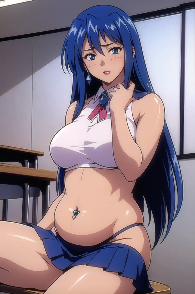 masterpiece, best quality, 1girlsit on the chair, gained some weight, chubby belly, belly curves, got bellied, bellybutton piercing, plump body, taller slender plump body, , looking at viewer, ultra detailed, blue hair, blue eyes, long hair, lipstick, dark-skinned female, earrings, school uniform, classroom, blush, pleated skirt,