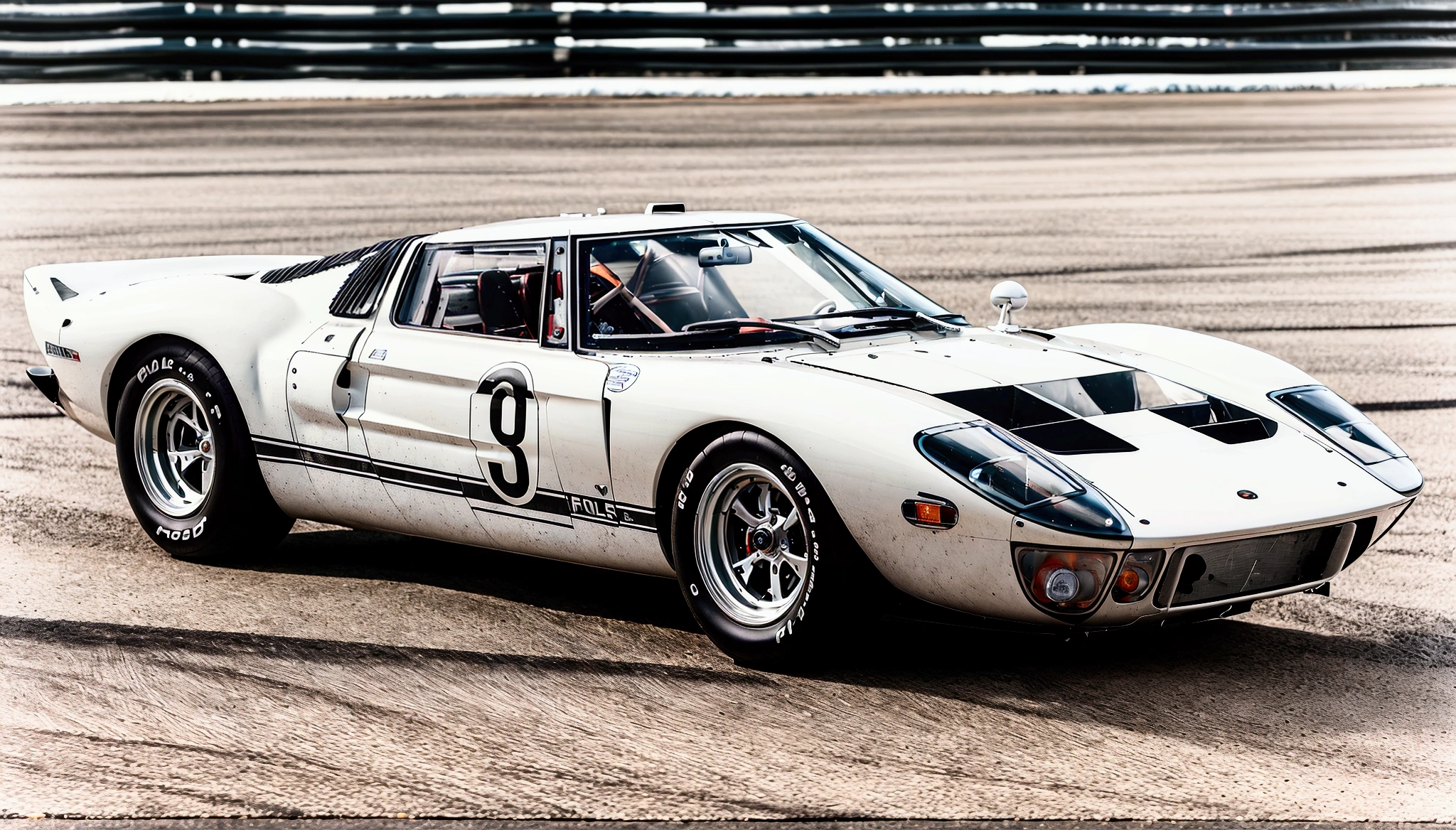 Picture in 3D. Ford gt40 car in white and black. It is located on the asphalt of the race track.