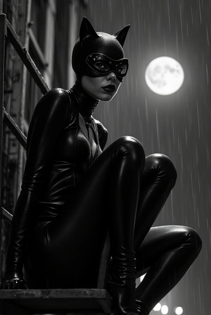 The model/imagine prompt: Aubrey Plaza as Catwoman in a sleek black leather catsuit with a mask, sharp claws, and a mischievous grin. She is perched on a rusty fire escape, raindrops glistening on the metal, under the glow of the moon. The night is filled with shadows and mystery, the air heavy with the scent of wet asphalt and anticipation. The atmosphere crackles with tension and excitement, the sound of distant sirens adding to the drama. The camera settings capture the scene with a high contrast black and white filter, emphasizing the noir aesthetic. Artists who could collaborate but bring unique styles include Tim Burton, Frank Miller, and Jamie Hewlett. —c 10 —ar 2:3

Share



 is wearing glass sunglasses with stars and the moon on the glass