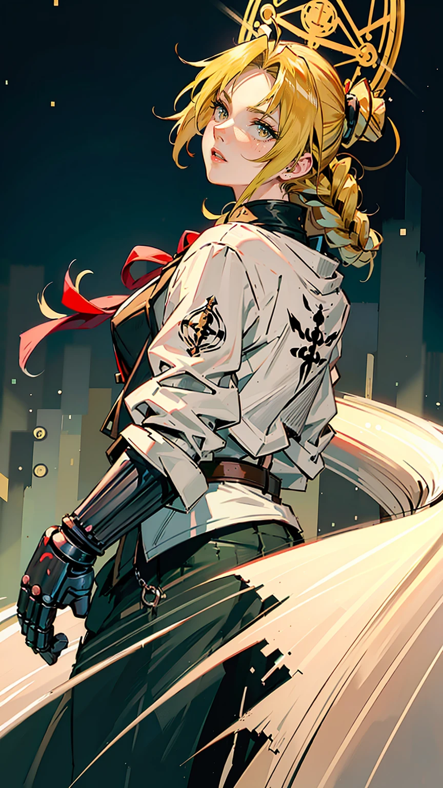 (Best Quality),(high resolution),(beautiful face and eye),bottom perspective, solo focus posed portrait,(Modern anime drawing art , oil painting thick strokes and thin patterns ).western comics art , Edward Elric 1man !character, a single mechanical arm, white gloves, red jacket, long hair, male focus, single braid. vibrant colors, highly detailed.Above the head is a halo or northern lights . in the background are many alchemical signs 