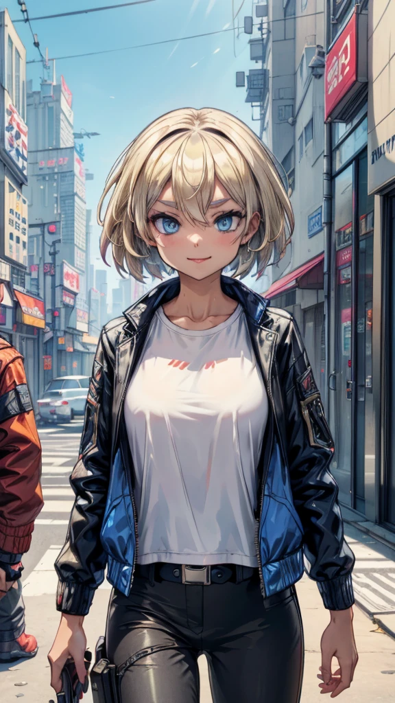 ((Best Quality、8k、masterpiece：1.5)))、(( jacket、pants))、 cowboy shot、Blonde、、Blue Eyes、、Smug face、、((universe、 Cyberpunk、blue sky、Future City))