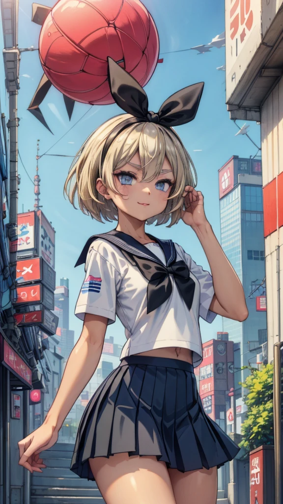 ((Best Quality、8k、masterpiece：1.5)))、((Summer sailor uniform、 blue pleated skirt ))、 cowboy shot、Blonde、、Blue Eyes、、Smug face、、((universe、 Cyberpunk、blue sky、Future City))