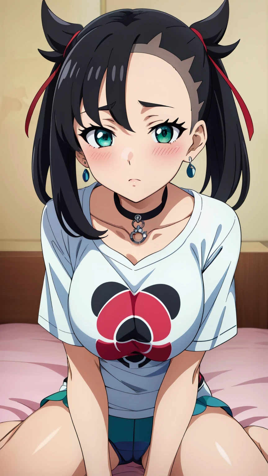 Marnie Pokemon, Marnie \(Pokemon\), blue-green eyes, green eyes, black hair, medium hair, asymmetrical bangs, black choker, red hair ribbon, earrings, black nail polish, medium breasted, (masterpiece, highest quality, highly detailed, 8k:1.2),Perfect eyes, detailed eyes, 
Ecchi anime style, anime girl, Ecchi style, digital anime art, anime style, official artwork, visual novel CG, beautiful anime girl, anime style 4K, (Large T-shirt, room, bed, blush),