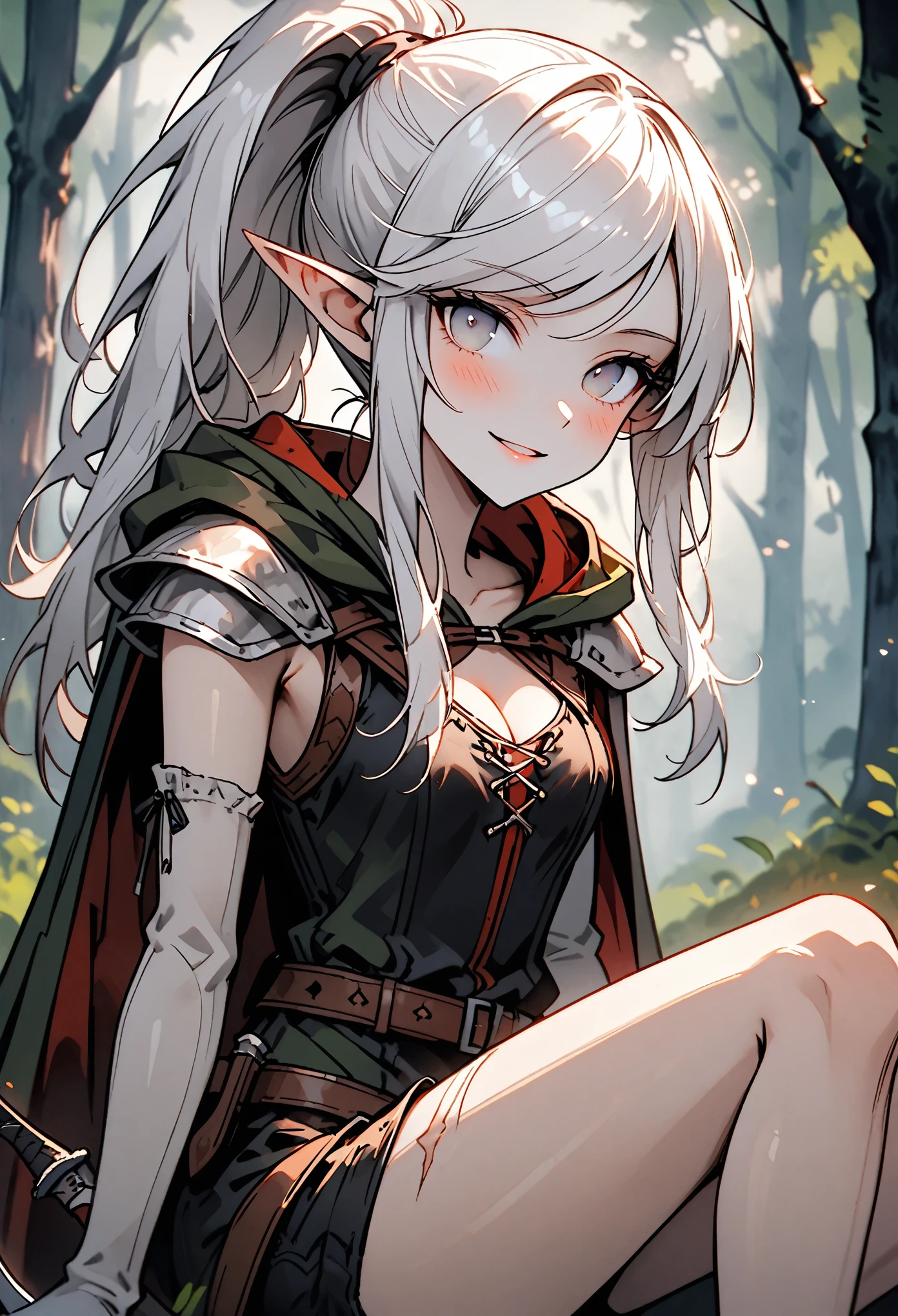 solo, female, slender, close up, elf, broad shoulders, long hair, ponytail, long swept bangs, silver hair, grey eyes, fit, stoic, hunter, hood, pulled back, bow-weapon, small scar:0.5, forest, tight clothes, medieval, leather armor, chest guard, tall, sitting back, dagger, playing with knife, lanky, ethereal, black britches, asymmetric armor, elbow gloves, strong legs, cape:0.8, looking at viewer, wide smile, leaning forward, cleavage:0.9, small blush