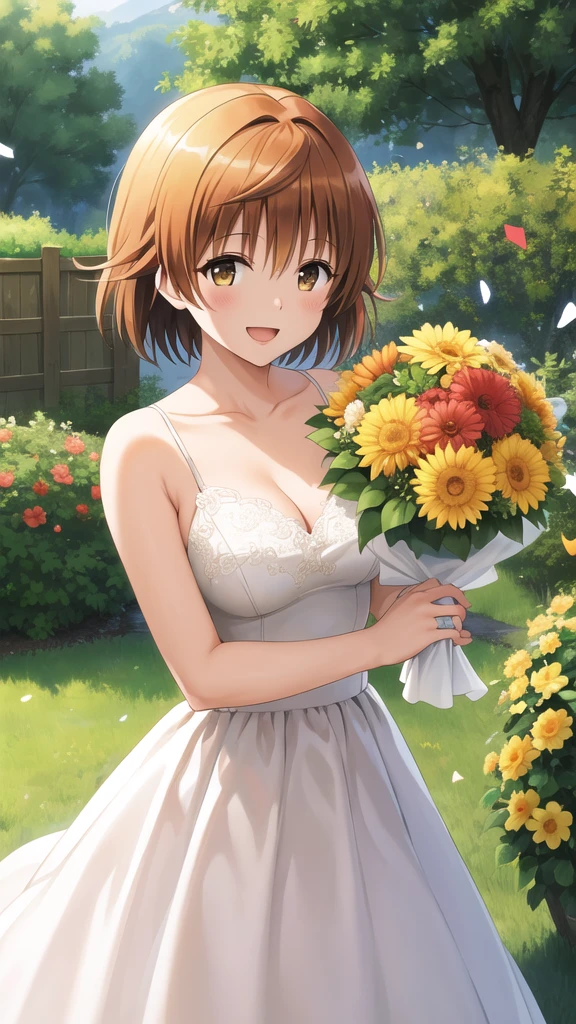 masterpiece, best quality, highres, Yuusaki Riko, short hair, brown eyes, wedding dress, garden, holding bouquet, smile, open mouth, confetti,