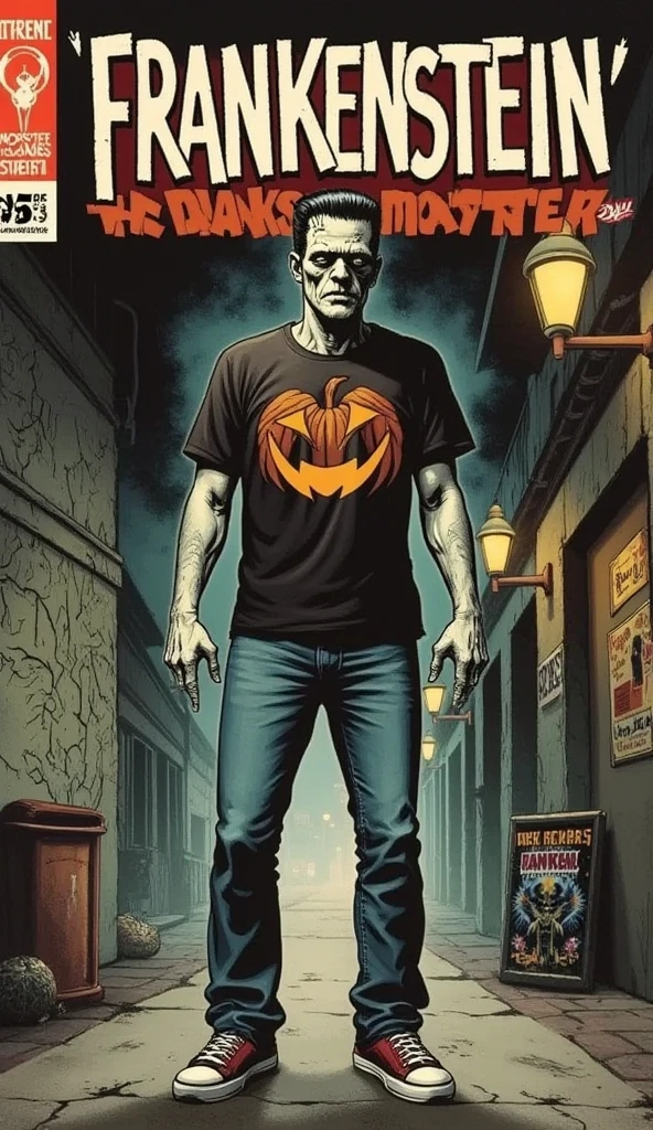 a vintage 1940s comic book cover featuring Frankenstein, reimagined in modern streetwear. He’s wearing a baggy Halloween-themed t-shirt with a bold jack-o'-lantern print, oversized loose-fitting jeans, and skate-style sneakers with chunky soles. His iconic bolts and stitches are still visible, but his modern outfit contrasts with his monstrous, undead appearance, creating a unique mix of classic horror and contemporary fashion.

Frankenstein stands in a dark, eerie alleyway, with flickering street lamps casting shadows behind him. His large frame looms intimidatingly, but his casual clothing gives him a relaxed, almost cool demeanor. The background shows cracked walls with graffiti and old posters, contributing to the urban setting.

At the top of the cover, the title 'Frankenstein' is written in bold, blocky letters with a spooky, distressed font reminiscent of 1940s horror comics. Icicles or creepy vines may hang from the letters to enhance the eerie atmosphere. Beneath the title, a tagline reads: 'The Monster Goes Street!' in smaller, stylized lettering.

Include classic comic elements such as the issue number 'Issue #13', the price '5¢', and a small publisher's logo in the bottom left corner. The entire cover should have a worn, slightly faded look with a paper texture, muted colors, and thick, inky black outlines characteristic of 1940s horror comics.