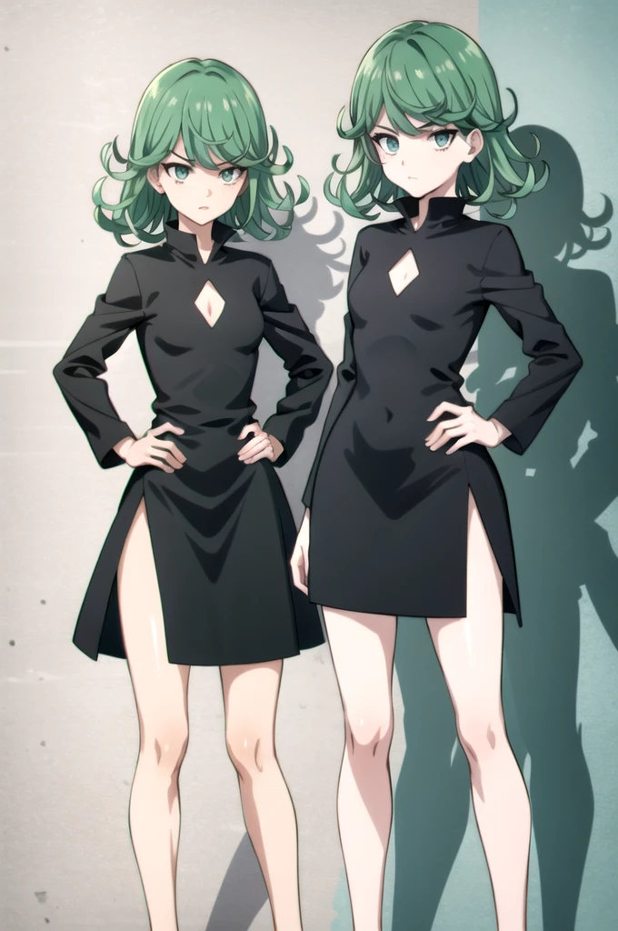 tall body, tall, long legs, mature female, mature, adult, simple background
 eft_opm_tatsumaki, 1girl, tatsumaki, solo, dress, green hair, black dress, green eyes, curly hair, looking at viewer, short hair, long sleeves, small breasts, hands on hips, standing, breasts, closed mouth, bare legs, rock, bangs, side slit, frown