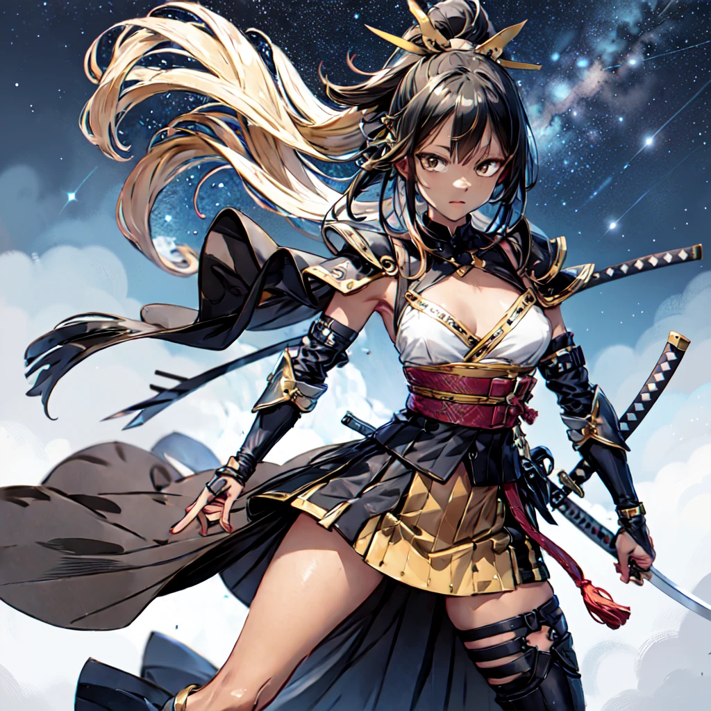 One girl, samurai,Japanese swords,Composition showing the whole Japanese sword  ,anime, Anatomically correct, A series of character actions, ponytail, masterpiece, Textured skin, Action Painting, Heavy makeup, Brown Skin, Perfect Face, Perfect Eyes, very small breasts, Very thin legs, chest armor, long skirt, alone, accurate, anatomically correct, Starry Sky, 