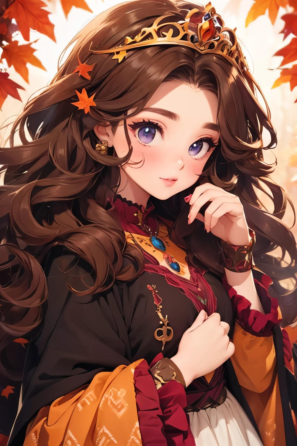 there is nothing, Best Quality,  girl, ，cute , Brunette,  curly hair, evil  girl, dress，Tiara， long eyelashes，Vibrant colors， Soft and Warm Color Palette，Autumn leaves，
