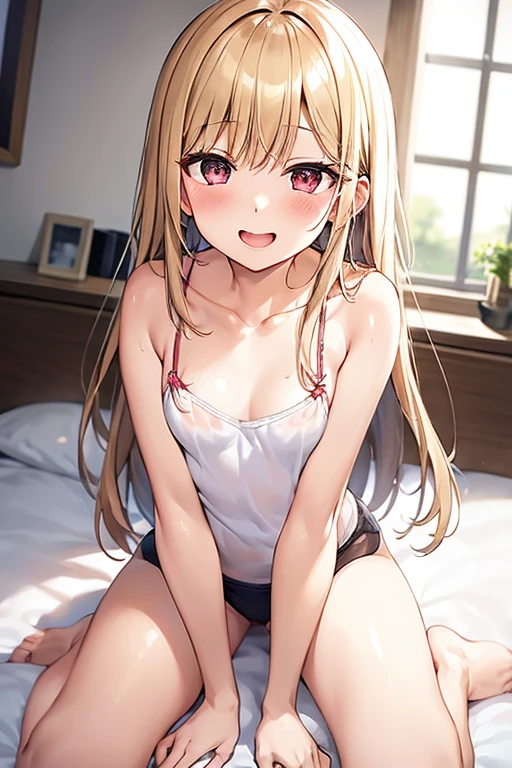 ((Best Quality)), ((masterpiece)), (be familiar with),  perfect face, indoor, bedroom,  watching viewers,
One woman,  Kitakawa Kaiumi,
 open mouth , Ecstatic expression, blush, smile,
Small breasts,  flat chest, , , , Girl,
Long Hair,  long hair,
Leg spread,