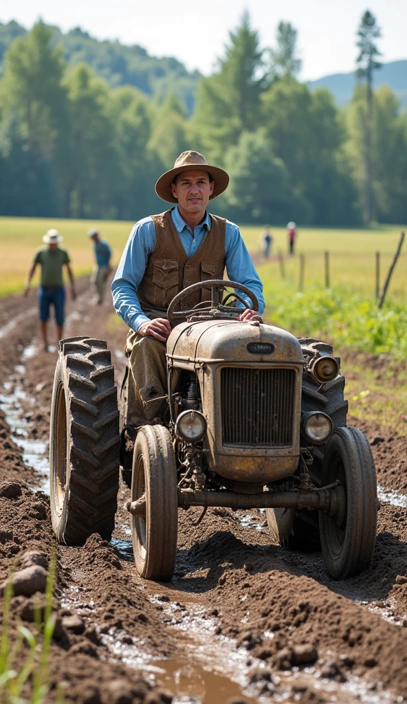 A man driving an old farm vehicle or construction machine, slowly making his way along a muddy path. He is wearing a light blue long-sleeved shirt with a brown leather vest over it. The background is a rural landscape, with tall green trees and gentle hills in the distance, under a clear, sunny sky. Mud accumulates in the tracks of the machine, with puddles reflecting the sky. In the background, other workers are visible, engaged in field activities, creating an atmosphere of hard work and practicality. The lighting is soft, highlighting the brightness of the day and the work being done in the midst of nature.