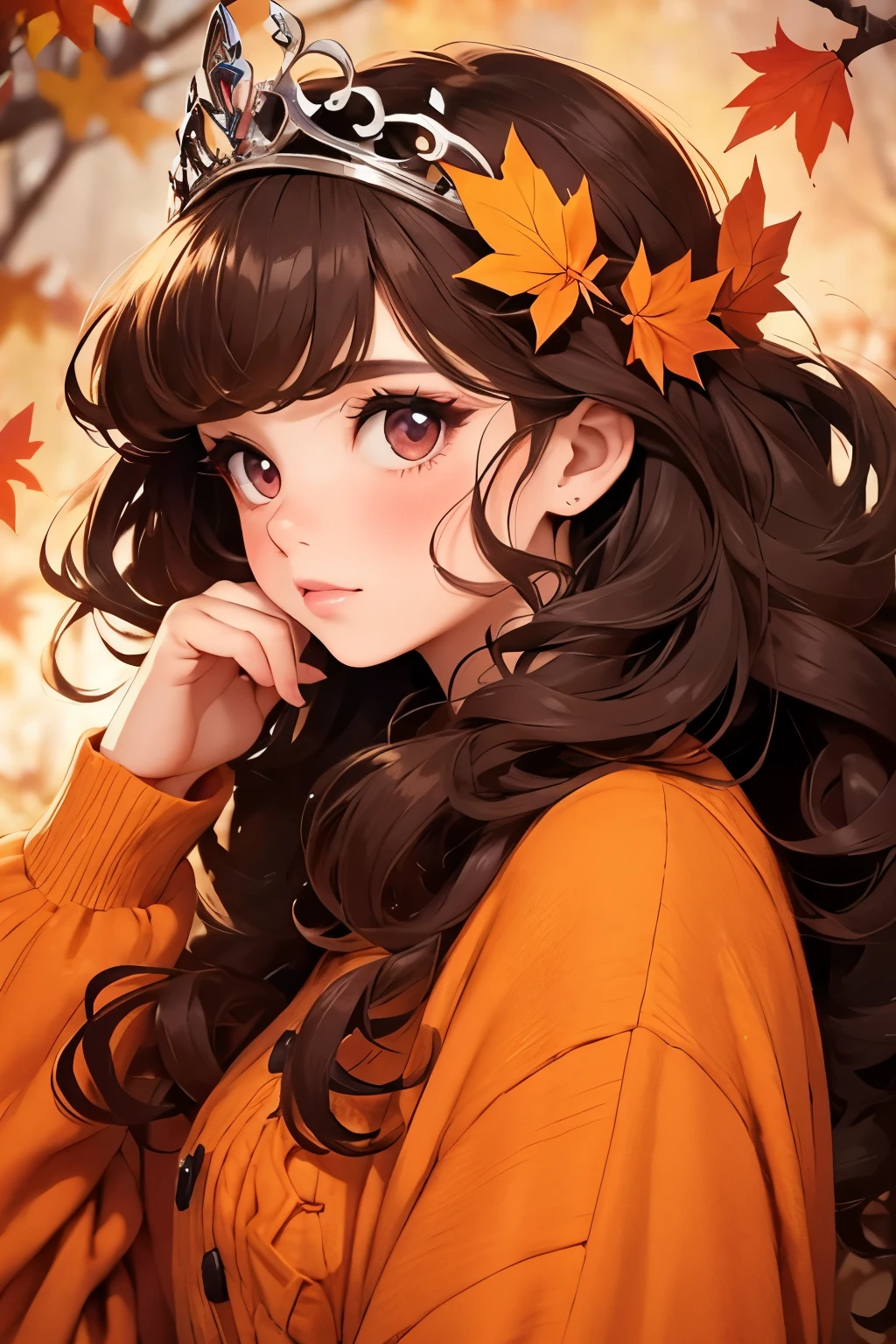 there is nothing, Best Quality,  girl, young very ，cute , Brunette,  curly hair, evil  girl, dress，Tiara， long eyelashes，Vibrant colors， Soft and Warm Color Palette，Autumn leaves，