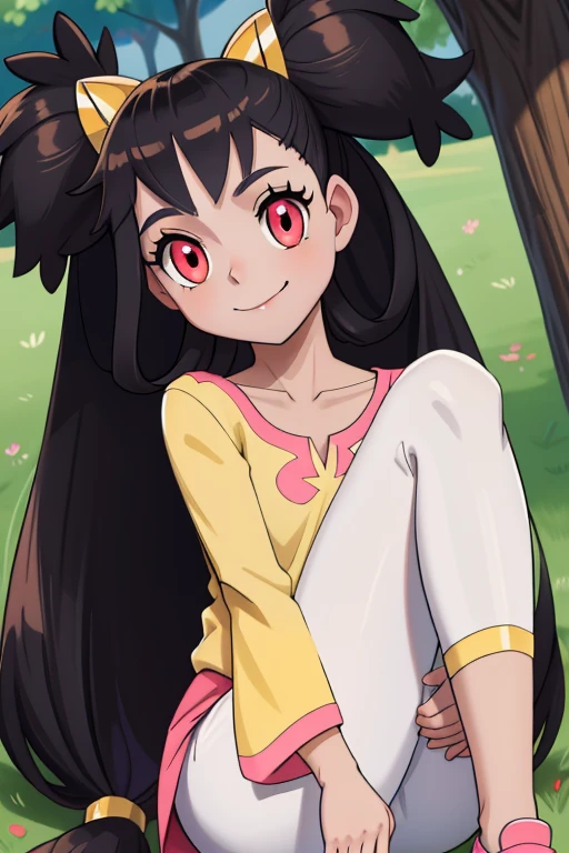 (best quality:1.3), (4K quality),masterpiece, best quality, high res, detailed, IrisA, 1girl, solo, closed mouth, smile, collarbone, eyelashes, red eyes, very long hair, black hair, two side up, yellow shirt, pink outlines, white leggings, low-tied long hair,
