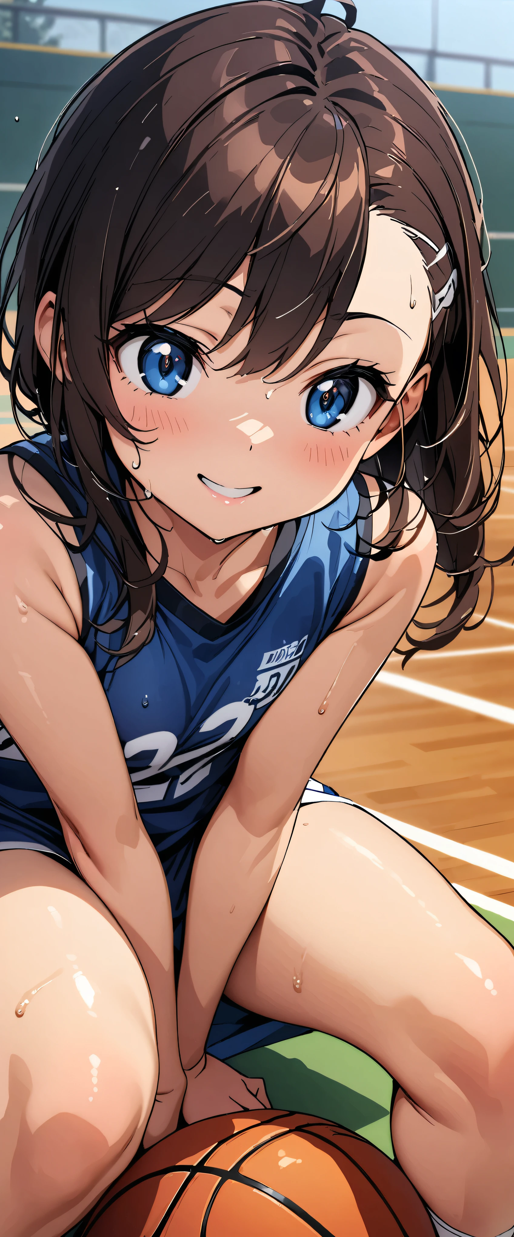 (masterpiece,highest quality,超A high resolution),japanese woman, (((Very beautiful 2 girl))), pretty girl、look at the photographer､  (()), super cute face, glossy lips, double eyelids in both eyes,natural smile、 natural makeup, long eyelashes, Shiny and smooth hair､center image,  perfect limbs, perfect anatomy,(((basketball sleeveless uniform)))、,(wet with sweat),ダイナミックなポーズ,basketball court,See-through,ポニーテール