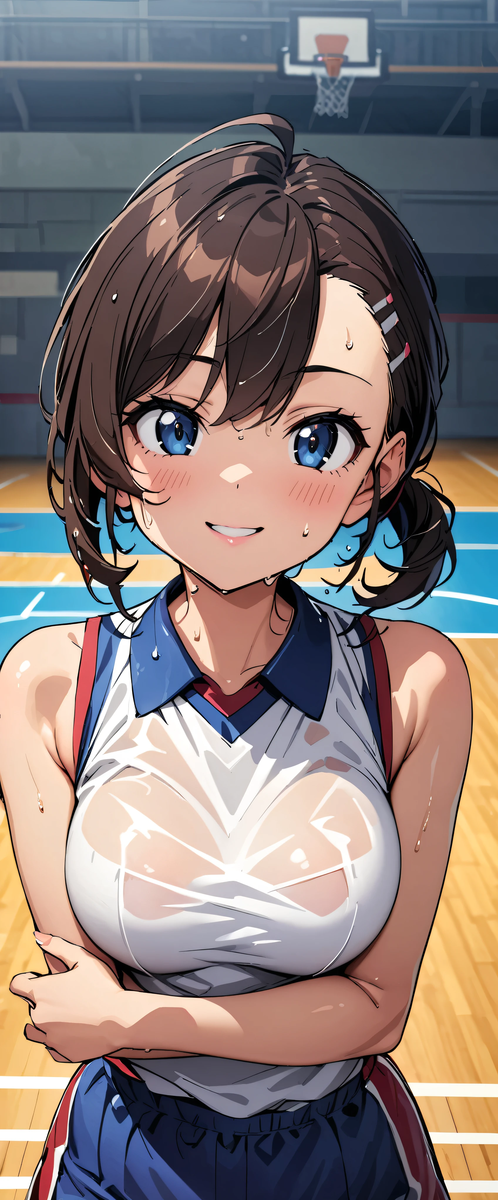(masterpiece,highest quality,超A high resolution),japanese woman, (((Very beautiful 2 girl))), pretty girl、look at the photographer、 (()), super cute face, glossy lips, double eyelids in both eyes,natural smile、 natural makeup, long eyelashes, Shiny and smooth hair、center image, perfect limbs, perfect anatomy,(((basketball sleeveless uniform)))、,(wet with sweat),ダイナミックなポーズ,basketball court,See-through,ポニーテール