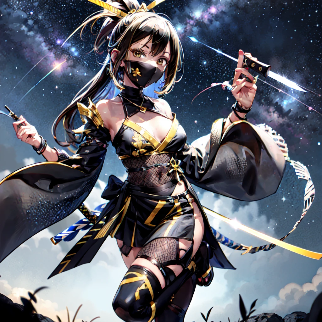 One girl, samurai, Japanese swords, Composition showing the whole Japanese sword, anime, Anatomically correct, A series of character actions, ponytail, masterpiece, Textured skin, Action Painting, Heavy makeup, Brown Skin, Perfect Face, Perfect Eyes, very small breasts, Very thin legs, chest armor, long skirt, alone, accurate, anatomically correct, Starry Sky, tan 