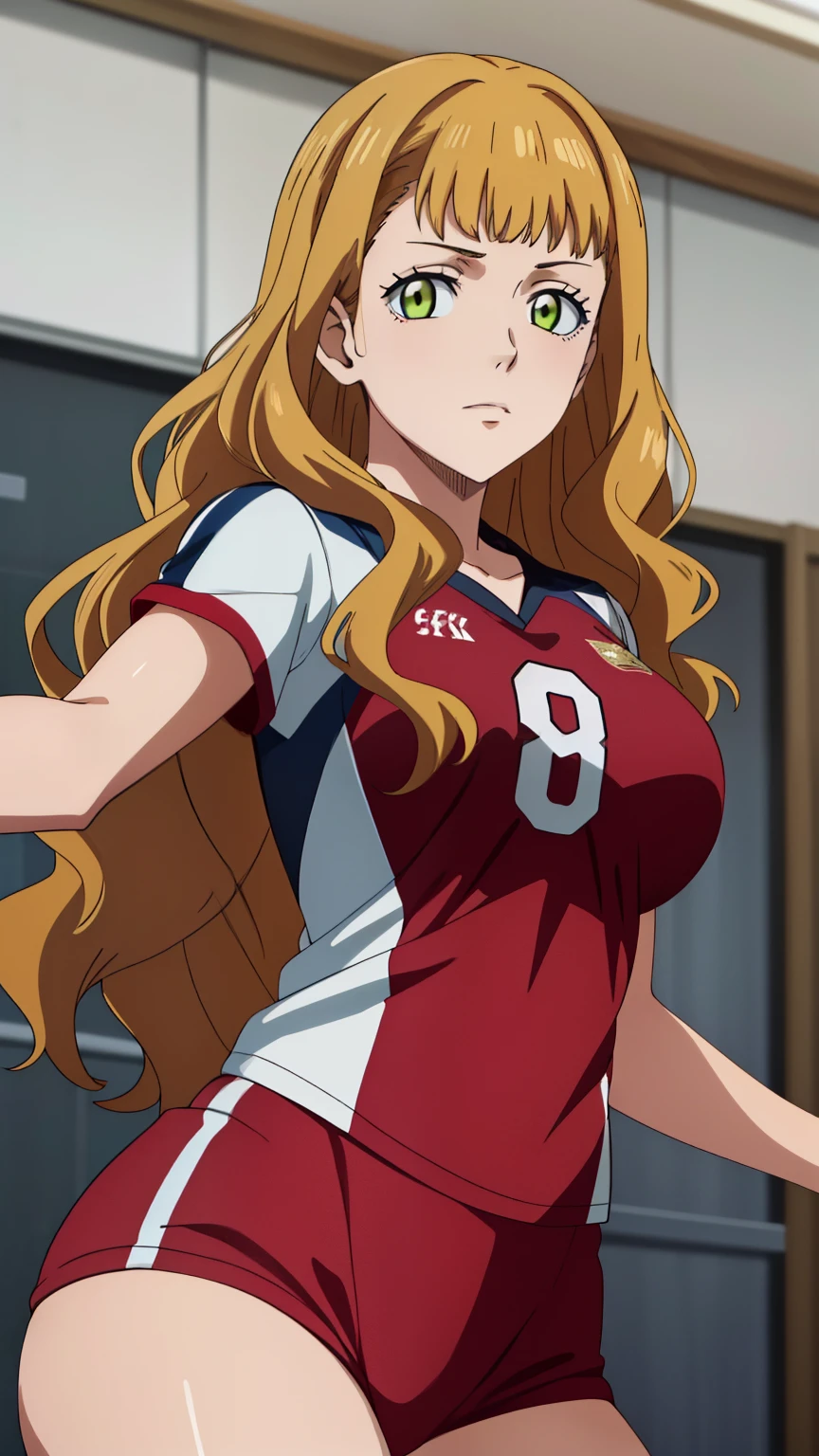 (masterpiece, best quality, high resolution, 8k:1.2), (anime coloring), confused, detailed face, beautiful face, (beautiful eyes, deep eyes), one girl, ((dynamic pose)), mimosa, green eyes, orange hair, long hair, alone, looking at viewer, wavy hair, bangs, (volleyball uniform), (cowboy shot), 