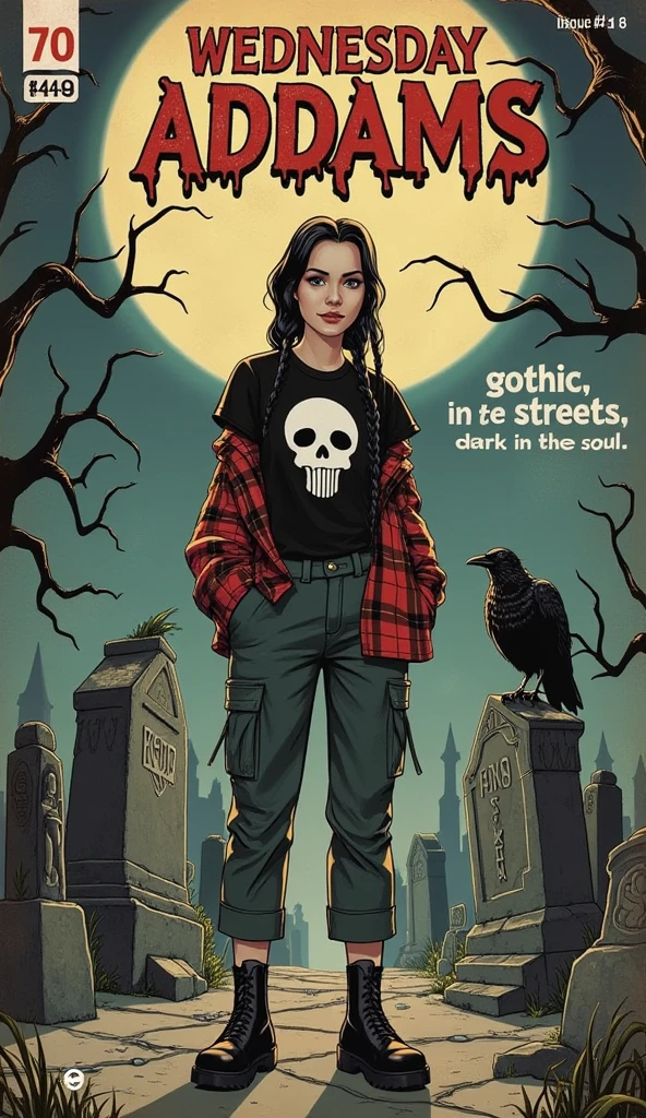 a 1940s-style horror comic book cover featuring Wednesday Addams (as portrayed by Jenna Ortega), reimagined with a modern streetwear twist. She’s dressed in oversized, stylish clothes—an edgy black t-shirt with a bold skull design, a loose plaid shirt worn open, and baggy cargo pants tucked into chunky, platform boots. Her signature dark braided hair contrasts sharply with her street-cool vibe. Wednesday's sharp, cold stare and gothic aura remain intact, despite the modern wardrobe.

The scene is set in a gloomy, decayed cemetery, with twisted, dead trees, and crumbling tombstones in the background. A full moon hangs ominously in the sky, casting pale light over the mist-covered ground. The gravestones are old, some with sinister carvings or broken statues. A crow perches on one of the stones, watching as Wednesday stands confidently, her shadow elongated behind her, adding a sense of mystery and menace.

At the top, the title 'Wednesday Addams' is displayed in bold, gothic-inspired lettering, draped with spiderwebs and vines, creating a vintage horror vibe. Beneath the title, the tagline reads: 'Gothic in the Streets, Dark in the Soul!' in stylized lettering, reminiscent of classic 1940s horror comics.

In the corner, add comic book staples like 'Issue #7', the price '10¢', and a small publisher's logo. The overall design features faded, muted colors with worn edges, true grit texture supply, and inky black outlines, making it feel authentically aged and retro, capturing the spirit of both vintage horror comics and contemporary style.