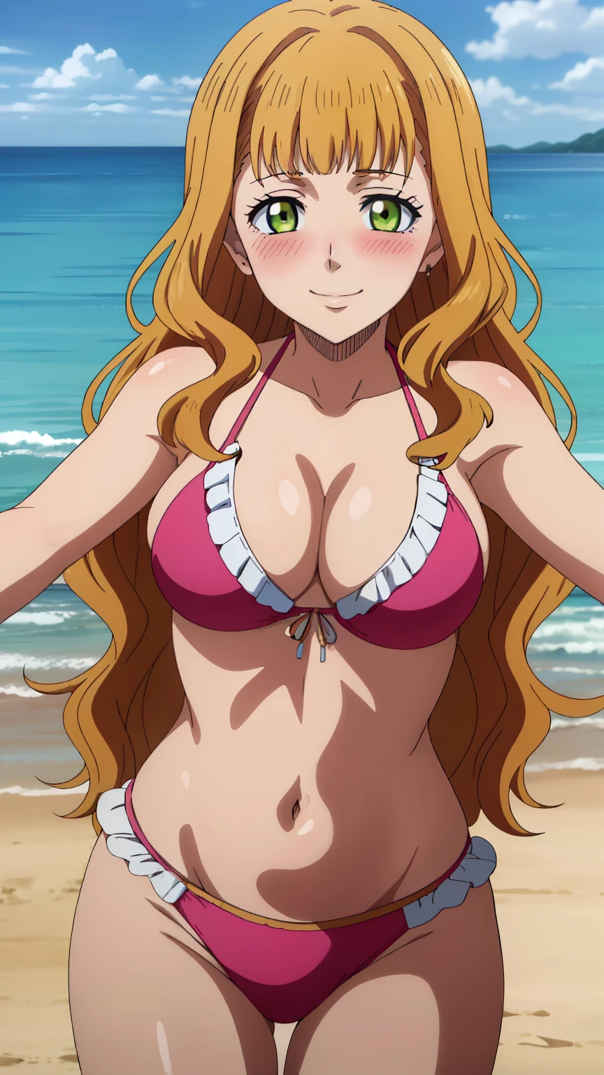 (masterpiece, best quality, high resolution, 8k:1.2), (anime coloring), confused, detailed face, beautiful face, (beautiful eyes, deep eyes), one girl, ((dynamic pose)), mimosa, green eyes, orange hair, long hair, alone, looking at viewer, wavy hair, bangs, (Pink bikini, frills, beach, smile, blush), (cowboy shot), 