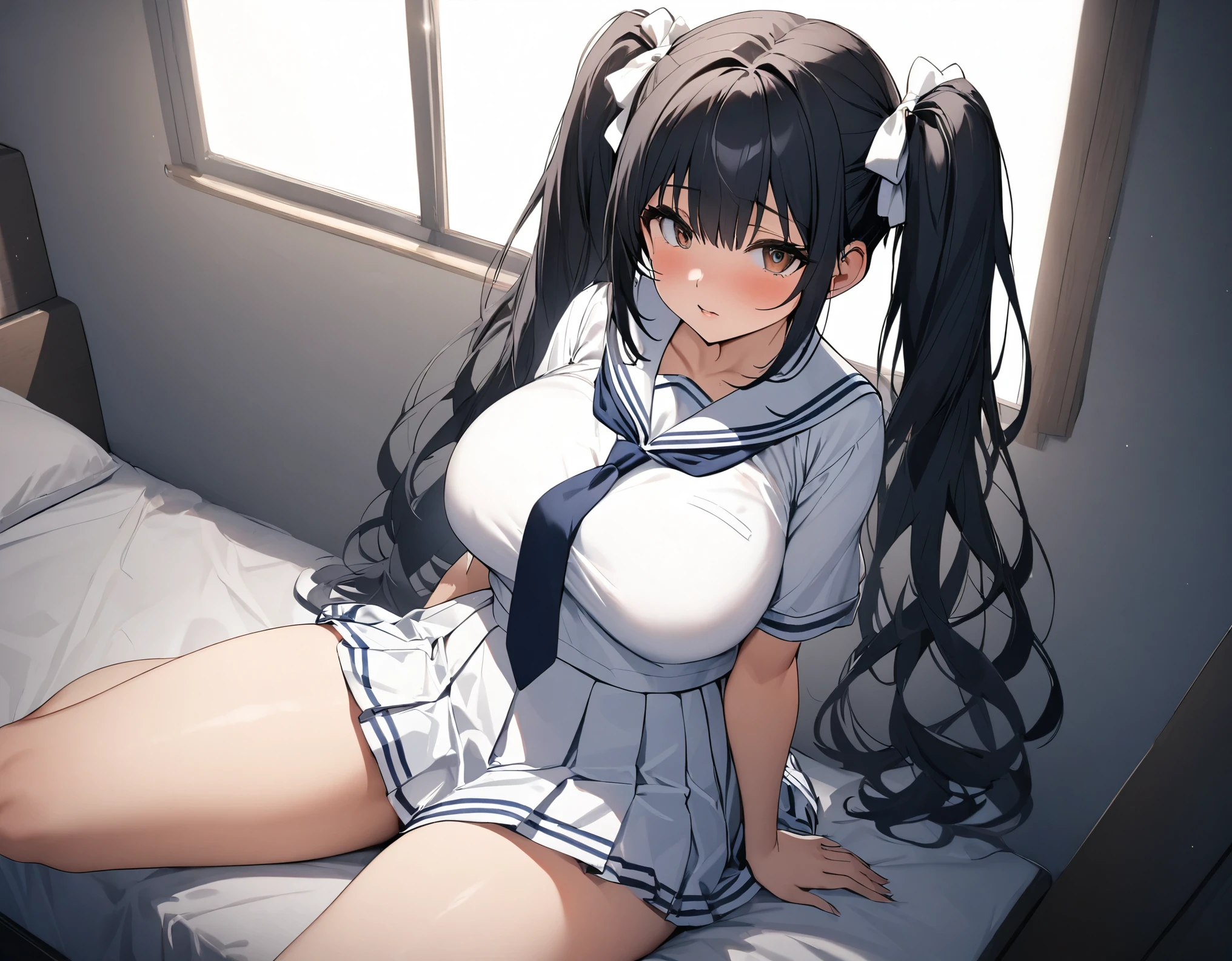 Alone:1.High school girl with 3 black hair, twin tails :1., 3 medium hair, brown eyes, white bows, big breasts, thick legs, dark blue ties wearing a white summer sailor suit wearing a dark blue tie, and a navy blue pleated skirt, she's sitting on the bed in my room next to me