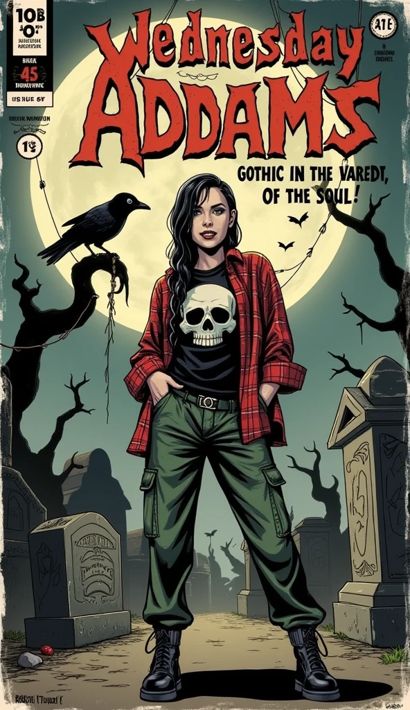 a 1940s-style horror comic book cover featuring Wednesday Addams (as portrayed by Jenna Ortega), reimagined with a modern streetwear twist. She’s dressed in oversized, stylish clothes—an edgy black t-shirt with a bold skull design, a loose plaid shirt worn open, and baggy cargo pants tucked into chunky, platform boots. Her signature dark braided hair contrasts sharply with her street-cool vibe. Wednesday's sharp, cold stare and gothic aura remain intact, despite the modern wardrobe.

The scene is set in a gloomy, decayed cemetery, with twisted, dead trees, and crumbling tombstones in the background. A full moon hangs ominously in the sky, casting pale light over the mist-covered ground. The gravestones are old, some with sinister carvings or broken statues. A crow perches on one of the stones, watching as Wednesday stands confidently, her shadow elongated behind her, adding a sense of mystery and menace.

At the top, the title 'Wednesday Addams' is displayed in bold, gothic-inspired lettering, draped with spiderwebs and vines, creating a vintage horror vibe. Beneath the title, the tagline reads: 'Gothic in the Streets, Dark in the Soul!' in stylized lettering, reminiscent of classic 1940s horror comics.

In the corner, add comic book staples like 'Issue #7', the price '10¢', and a small publisher's logo. The overall design features faded, muted colors with worn edges, true grit texture supply, and inky black outlines, making it feel authentically aged and retro, capturing the spirit of both vintage horror comics and contemporary style.