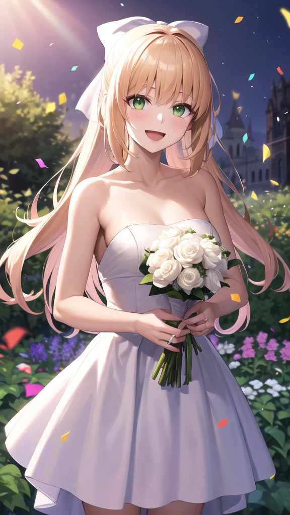 masterpiece, best quality, highres, bbcaster, long hair, ahoge, hair bow, green eyes, wedding dress, white dress, strapless, garden, smile, open mouth, confetti, holding bouquet, standing, cowboy shot,