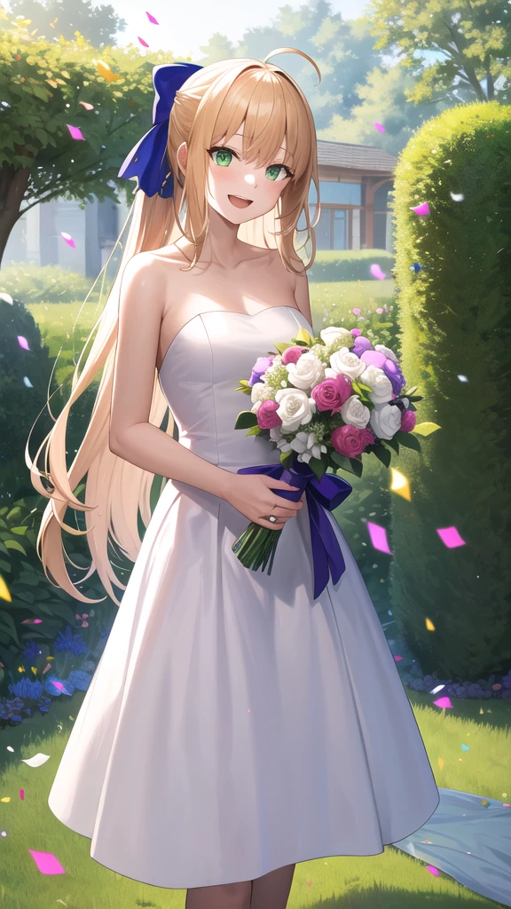 masterpiece, best quality, highres, bbcaster, long hair, ahoge, hair bow, green eyes, wedding dress, white dress, strapless, garden, smile, open mouth, confetti, holding bouquet, standing, cowboy shot,