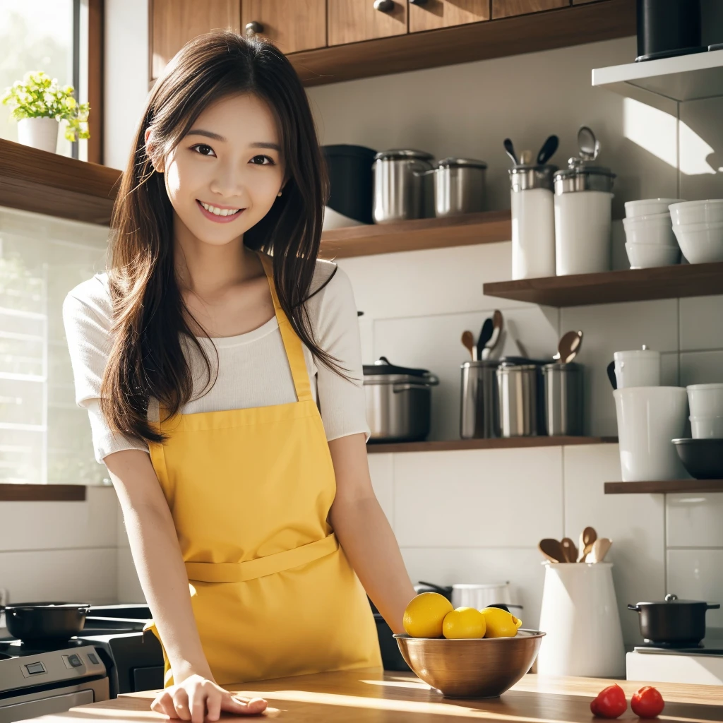 ( table top to cover upper arms、Best Quality、8k、Award-winning works、Ultra High Resolution)、Beautiful woman、( wearing the most natural and perfect apron:1.1)、The most beautiful smile looks at me、 accentuating body line 、(Bust up photo:1.1)、Big Breasts、(The most natural and practical kitchen:1.1)、(A perfectly organized and clean kitchen:1.1)、(Modern and elegant kitchen:1.1)、( The perfect kitchen with state of the art induction :1.1)、( A beautiful modern kitchen with a sense of unity :1.1)、(Very bright:1.1)、Very bright and vivid、Fresh and beautiful, perfect windows、Ultra High Resolutionの完璧な美しい歯、( Ultra High Definition Shiny Skin :1.1)、(Very brightly lit、 Bright and glowing skin :1.1)、Ultra High Definition Glowing Eyes 、Accurate anatomy、Adult toys are placed on the table、