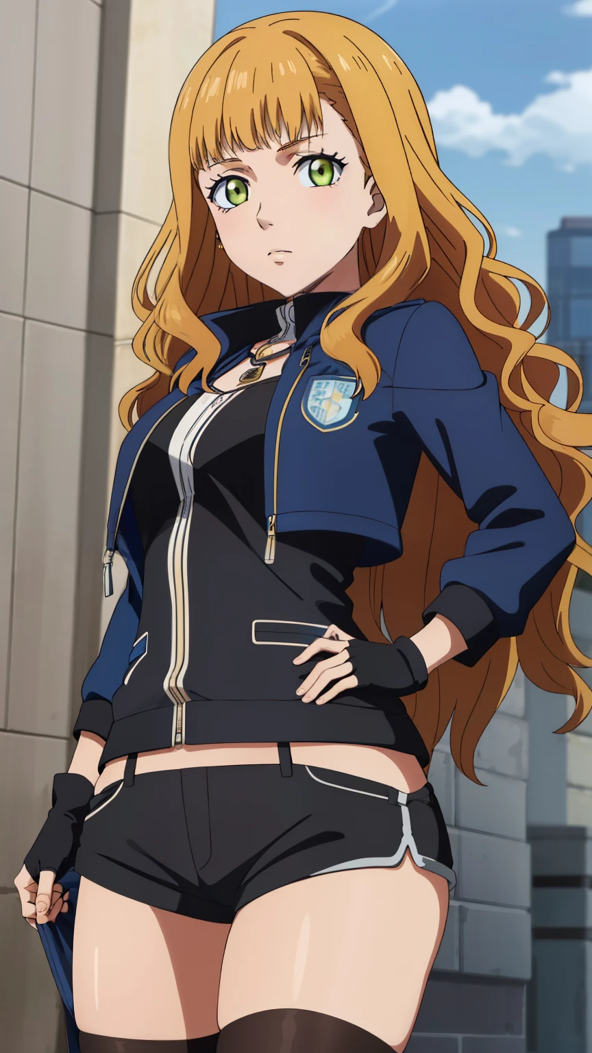 (masterpiece, best quality, high resolution, 8k:1.2), (anime coloring), confused, detailed face, beautiful face, (beautiful eyes, deep eyes), one girl, ((dynamic pose)), mimosa, green eyes, orange hair, long hair, alone, looking at viewer, wavy hair, bangs, (jacket,  black gloves, black shorts, fingerless gloves, gloves, legwear, Jacket, Long sleeve, open Jacket, short shorts, shorts, city), (cowboy shot), 