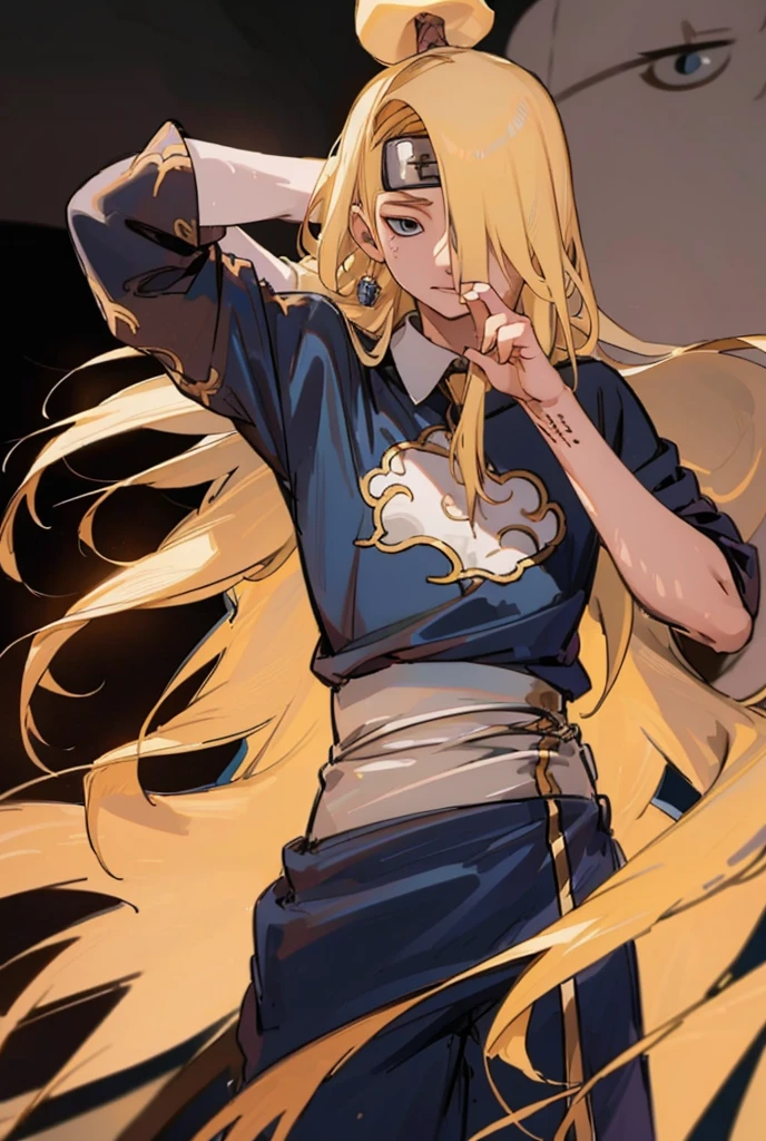 Deidara, Young man of 19 years old ,  with long blond hair, Half a colleague holding her head ,  long fringe covering the face on the left side of this , with long white Yukata with gold and blue decorations