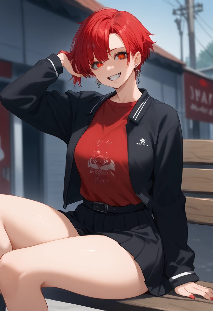 Arafed woman with red hair and piercings sitting on a bench, 4k anime style, [[[[grinning evily]]], anime badass 8 k,  wicked smile , crazy smile, anime wallpaper 4k, anime wallpaper 4k, anime art wallpaper 4k, anime art wallpaper 4k, detailed digital anime art, grinning lasciviously