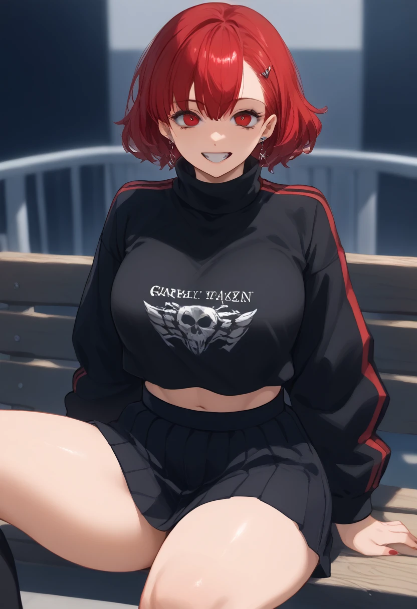 Arafed woman with red hair and piercings sitting on a bench, 4k anime style, [[[[grinning evily]]], anime badass 8 k,  wicked smile , crazy smile, anime wallpaper 4k, anime wallpaper 4k, anime art wallpaper 4k, anime art wallpaper 4k, detailed digital anime art, grinning lasciviously