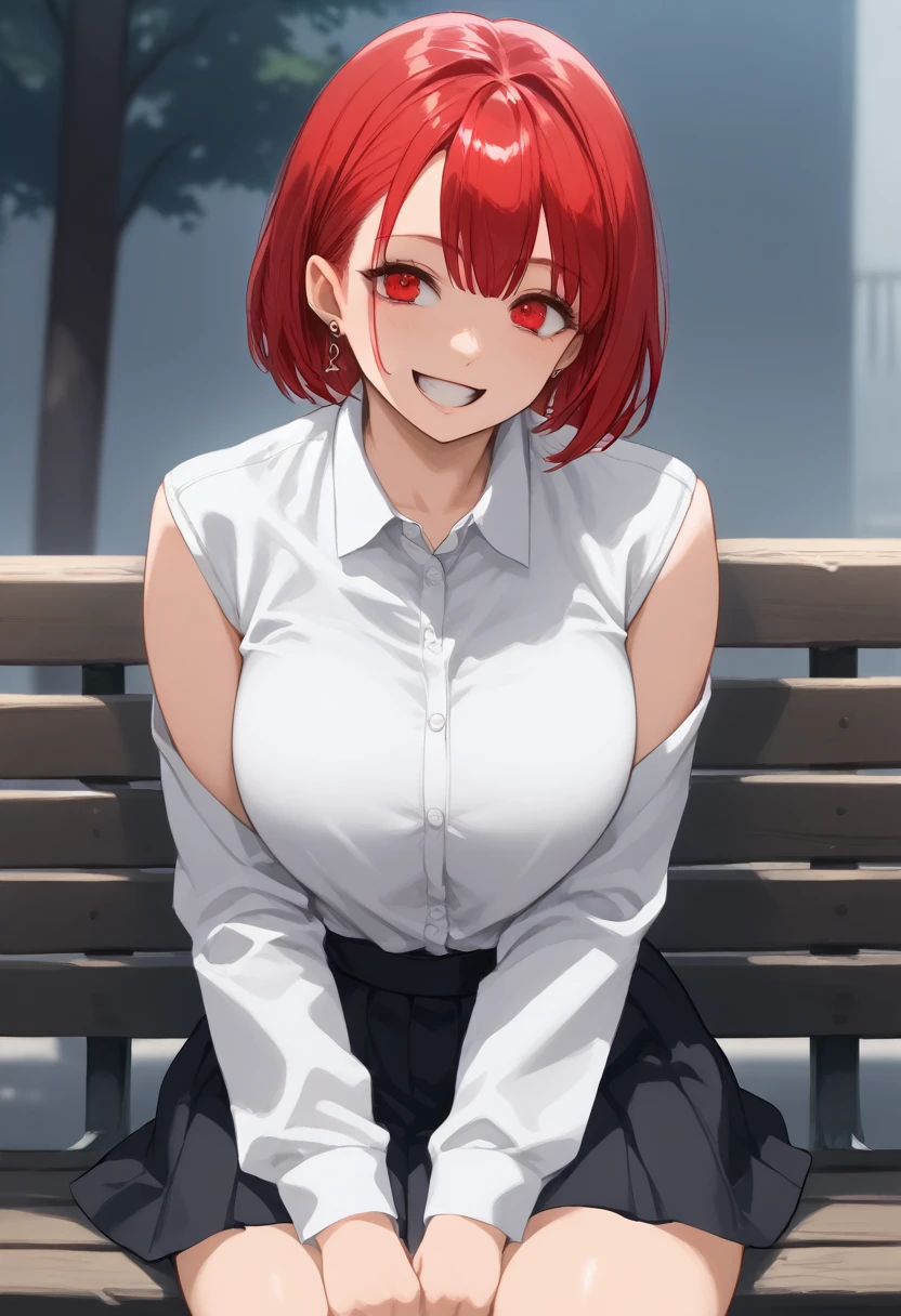 Arafed woman with red hair and piercings sitting on a bench, 4k anime style, [[[[grinning evily]]], anime badass 8 k,  wicked smile , crazy smile, anime wallpaper 4k, anime wallpaper 4k, anime art wallpaper 4k, anime art wallpaper 4k, detailed digital anime art, grinning lasciviously