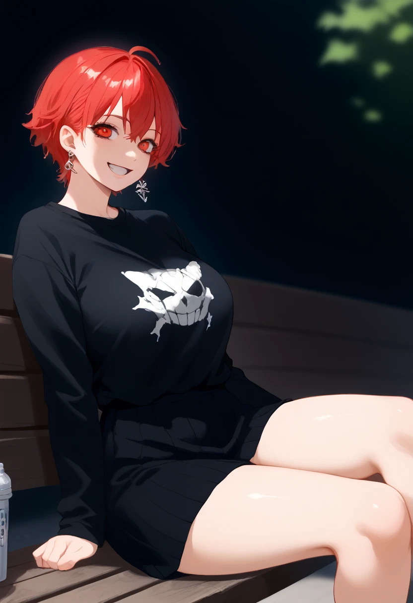 Arafed woman with red hair and piercings sitting on a bench, 4k anime style, [[[[grinning evily]]], anime badass 8 k,  wicked smile , crazy smile, anime wallpaper 4k, anime wallpaper 4k, anime art wallpaper 4k, anime art wallpaper 4k, detailed digital anime art, grinning lasciviously