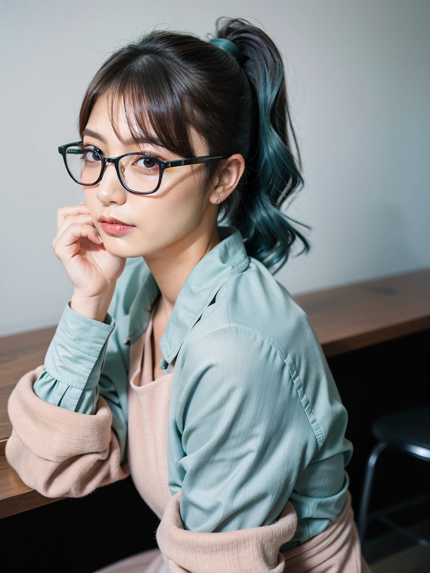 photography, masterpiece, best quality, 8k, HDR, highres, absurdres:1.2,  Kodak Portra 400 , film grain, blurry background, bokeh:1.2, lens flare,An ordinary girl wearing glasses, (((black hair))), long hair, (((parted bangs))), (((tied in a ponytail))), (((single ponytail))), (((aqua blue hair accessories tied into a ponytail))), (((wearing glasses))), a serious girl, wearing a long pink dress , knitted thin jacket, fashionable clothing, conservative outfit, flat doll shoes, 20 years old, height 158cm, C cup, top student, seriously, squatting In Tokyo, in a cafe taking a photo,with a brown super cute poodle, she is a Dog lover, bare face, no makeup, smiling ,fashionista， She prefers to wear ，fashion model， dress with a sense of design，Simple but stylish 