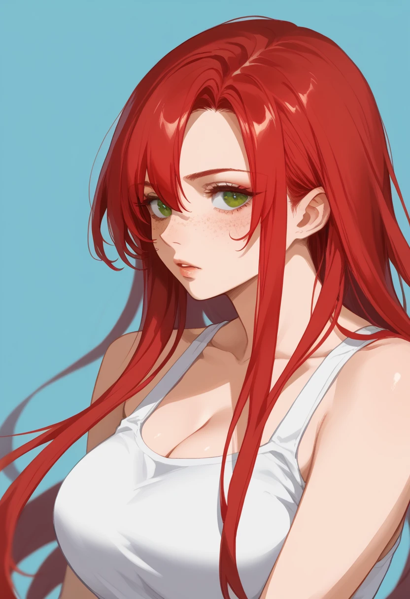 there is a drawing of a woman with red hair and a blue background, a character portrait inspired by Rei Kamoi, deviantart contest winner, digital art, red hair girl, she has red hair, red haired girl, with red hair and green eyes, with red hair, red head, crimson red hair and red eyes, red hair and freckles, halfbody portrait