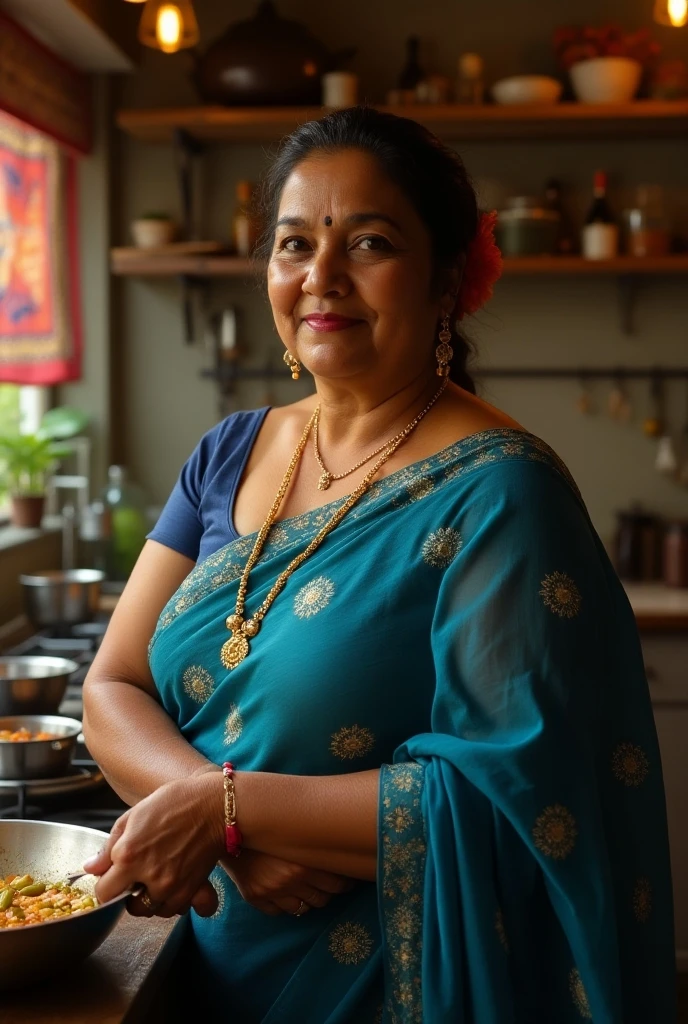 Srilankan women chubby 39 year old wearing a green saree and black blouse a small chain on neck and working in her tea shop little tired 