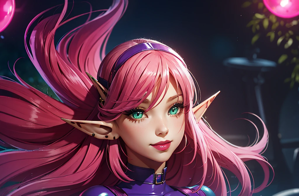 1girl, elf, solo, long pink hair, looking at viewer, smile, green eyes, night background, diadem, pink hair, closed mouth, nail polish, latex full gloves, full pink lips, purple latex outfit. Vs Frankestein Monster