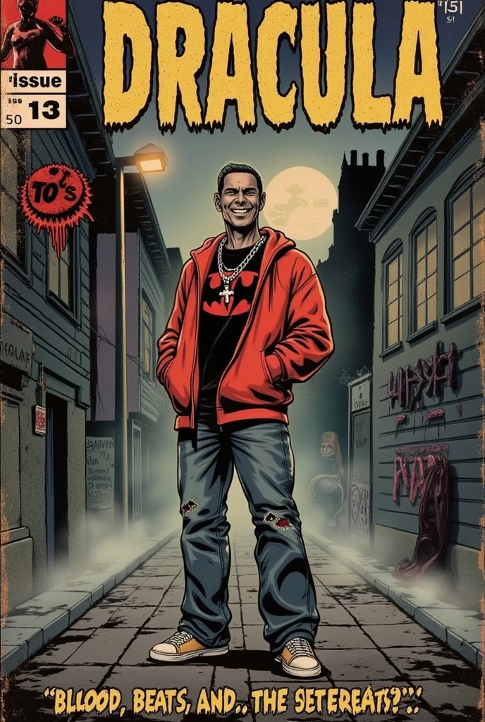 a 1940s-style horror comic book cover featuring Dracula, reimagined as a modern trap star. He’s dressed in oversized streetwear—a baggy, blood-red hoodie with a bold bat logo, layered over a black graphic t-shirt, paired with wide-legged distressed jeans and slick, high-end sneakers. Around his neck, a chunky silver chain with a gothic cross pendant shines against his dark attire. His slicked-back hair and signature sharp fangs give him a menacing yet cool presence.

The background depicts a decaying, haunted urban setting: a fog-filled alley lined with old gothic buildings, some with cracked windows and graffiti-covered walls. A dim, flickering streetlamp casts eerie shadows on the wet pavement. In the distance, you can spot the looming silhouette of Dracula’s castle, shrouded in mist, blending the horror of the 1940s with a modern cityscape.

The title 'Dracula' is displayed in bold, retro horror-style font with jagged edges, bleeding into the image as if dripping with blood. Beneath the title, the tagline reads: 'Blood, Beats, and the Streets!' in sharp, angular lettering.

The comic features the usual vintage elements such as 'Issue #13', the price '10¢', and a small, classic publisher's logo. The colors are faded and muted, with a true grit texture, giving it a weathered, pulp horror feel, while maintaining the modern, stylish edge of Dracula’s trap star persona.