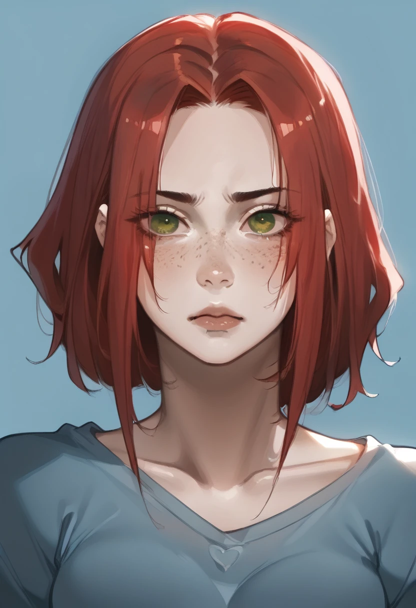 there is a drawing of a woman with red hair and a blue background, a character portrait inspired by Rei Kamoi, deviantart contest winner, digital art, red hair girl, she has red hair, red haired girl, with red hair and green eyes, with red hair, red head, crimson red hair and red eyes, red hair and freckles, halfbody portrait