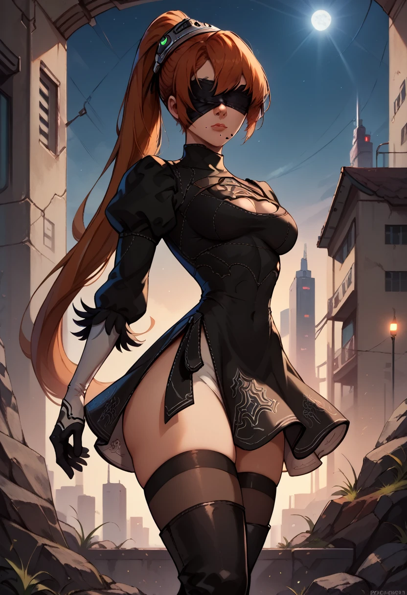 score_9, score_8_up, score_7_up, score_6_up, 1girl, adult, Eve Stellar, (ultra HD quality details), (((black long ponytail hair,  black blindfold, narrow waist, skinny, medium breasts)), (cinematic lighting:1.2), (dusk:1.2), twobskirt, nier dress, cleavage cutout, skirt, thighhighs under boots, looking at viewer, cowboy shot, ass, from behind, night sky, city, cyberpunk