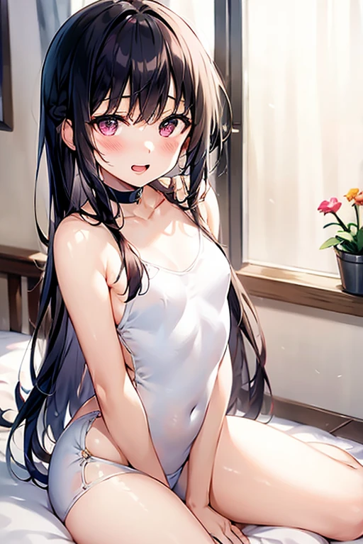 ((Best Quality)), ((masterpiece)), (be familiar with),  perfect face, indoor, bedroom,  watching viewers,
One woman,  Kitakawa Kaiumi,
 open mouth , Ecstatic expression, blush, smile,
Small breasts,  flat chest, , , , Girl,
Long Hair,  long hair,
Leg spread,