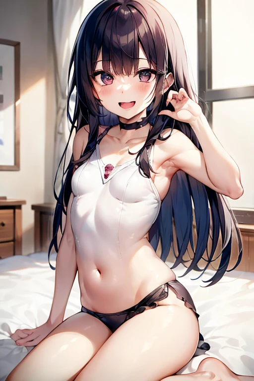 ((Best Quality)), ((masterpiece)), (be familiar with),  perfect face, indoor, bedroom,  watching viewers,
One woman,  Kitakawa Kaiumi,
 open mouth , Ecstatic expression, blush, smile,
Small breasts,  flat chest, , , , Girl,
Long Hair,  long hair,
Leg spread,