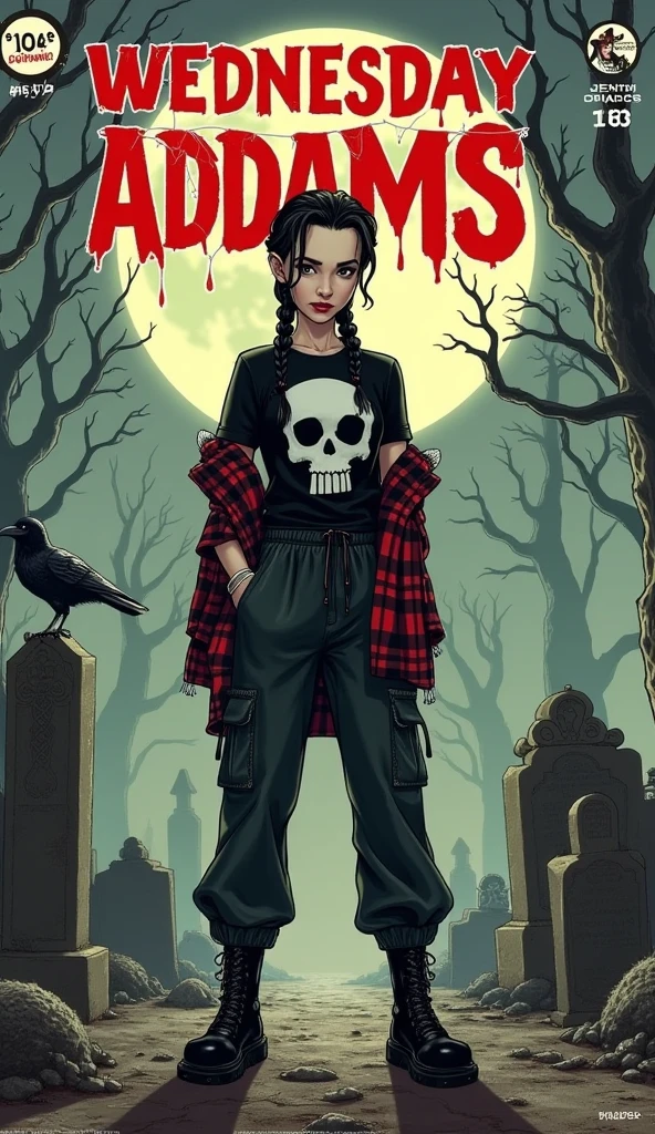 a 1940s-style horror comic book cover featuring Wednesday Addams (as portrayed by Jenna Ortega), reimagined with a modern streetwear twist. She’s dressed in oversized, stylish clothes—an edgy black t-shirt with a bold skull design, a loose plaid shirt worn open, and baggy cargo pants tucked into chunky, platform boots. Her signature dark braided hair contrasts sharply with her street-cool vibe. Wednesday's sharp, cold stare and gothic aura remain intact, despite the modern wardrobe.

The scene is set in a gloomy, decayed cemetery, with twisted, dead trees, and crumbling tombstones in the background. A full moon hangs ominously in the sky, casting pale light over the mist-covered ground. The gravestones are old, some with sinister carvings or broken statues. A crow perches on one of the stones, watching as Wednesday stands confidently, her shadow elongated behind her, adding a sense of mystery and menace.

At the top, the title 'Wednesday Addams' is displayed in bold, gothic-inspired lettering, draped with spiderwebs and vines, creating a vintage horror vibe. Beneath the title, the tagline reads: 'Gothic in the Streets, Dark in the Soul!' in stylized lettering, reminiscent of classic 1940s horror comics.

In the corner, add comic book staples like 'Issue #7', the price '10¢', and a small publisher's logo. The overall design features faded, muted colors with worn edges, true grit texture supply, and inky black outlines, making it feel authentically aged and retro, capturing the spirit of both vintage horror comics and contemporary style.