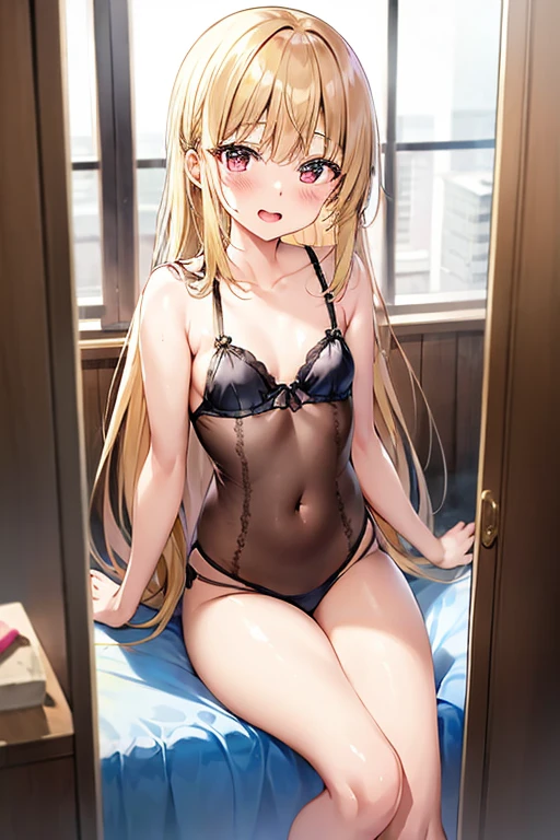 ((Best Quality)), ((masterpiece)), (be familiar with),  perfect face, indoor, bedroom,  watching viewers,
One woman,  Kitakawa Kaiumi,
 open mouth , Ecstatic expression, blush, smile,
Small breasts,  flat chest, , , , Girl,
Long Hair,  long hair,
Leg spread,