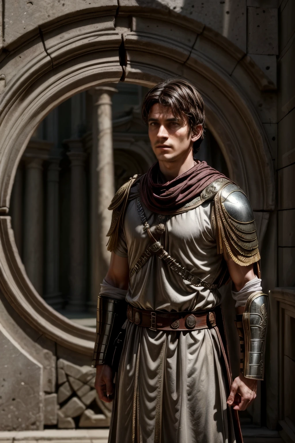 
an ancient roman soldier armed with a dagger and aroman-style shield passes through a space-time portal and finds himself in the future, you see the past on one side of the portal and the future on the other side, the soldier wears the clothes of the ancient Roman legionaries at the time of the Roman Empire.